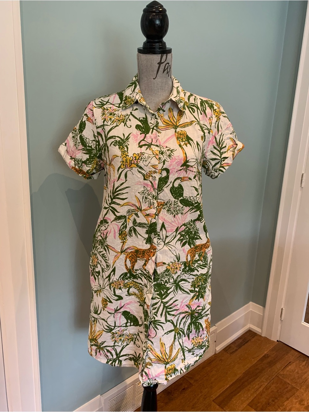 Rachel Zoe 100% Linen White Tropical Shirt Mini Dress with Green, Pink & Yellow